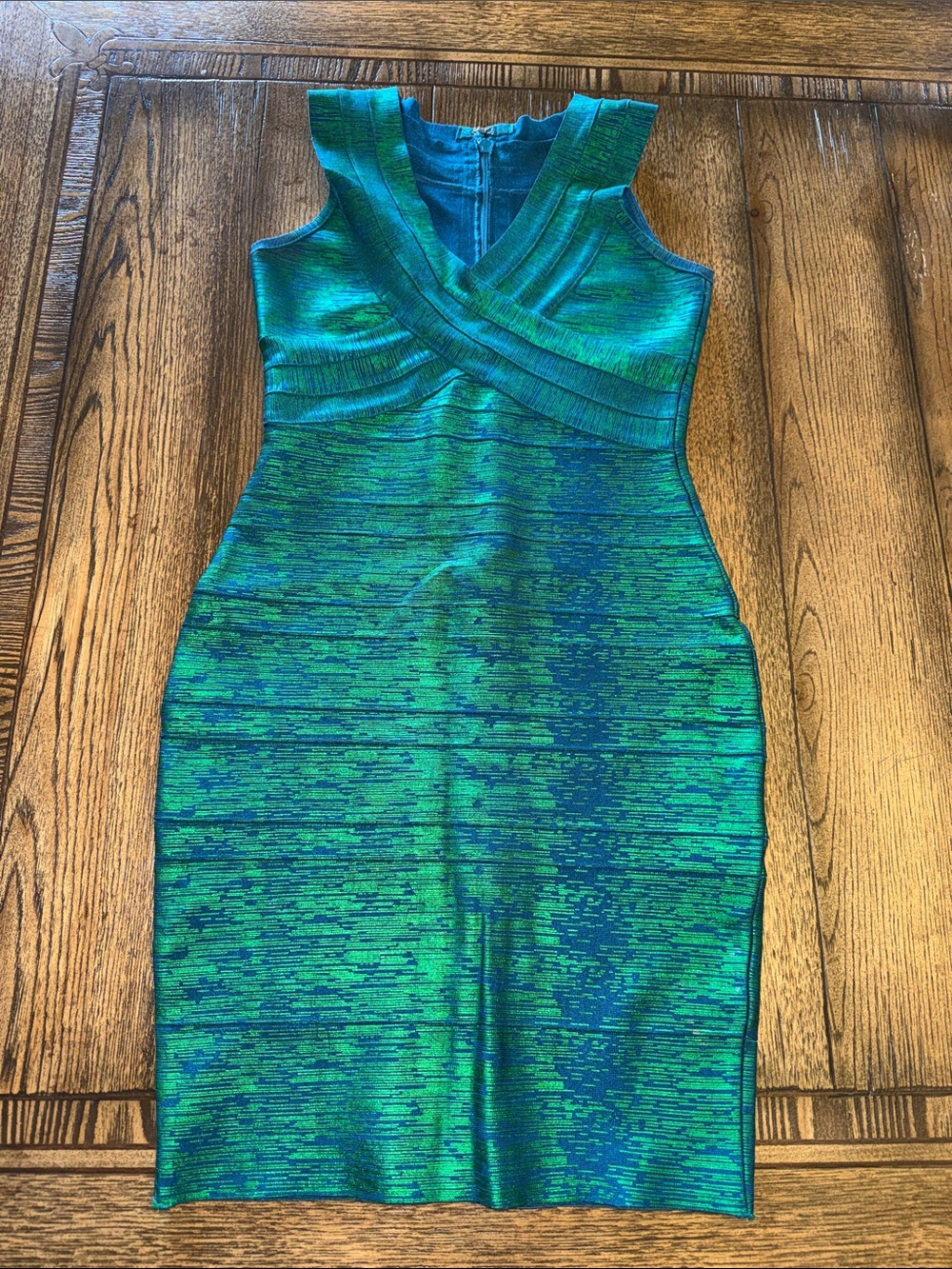Green-Blue Bodycon Dress with V-Neck Crossover